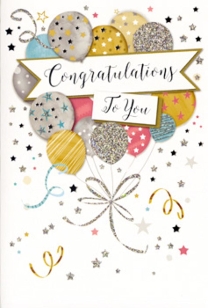 This image features a stylish congratulations card that feels like the still image of a celebration floating in mid-air. The central design is a rounded bouquet of illustrated balloons, stacked and layered in an artful cluster. Each balloon is gently shaded in elegant tones of champagne gold, cool silver, soft sky blue, rosy blush pink, and understated grey, reminiscent of a calm evening sky over Basildon after a day of festivities. Their surfaces are embellished with refined details: some are sprinkled with tiny star shapes, others shimmer with fine glittery stripes, and a few are tipped with subtle speckles that hint at a lightly raised, tactile print. Slim curling ribbons in metallic gold and silver spill from the base of the cluster, twisting and looping gracefully like decorative ties on a gift you might bring to a celebration in Langdon Hills. Draped across the balloons is a sweeping banner carrying the message Congratulations To You in elegant, flowing script, poised at the centre like the main toast at a party. Around this focal point, the background is dusted with scattered stars, confetti-like dots, and swirling line work, suggesting movement and sparkle against the soft, neutral backdrop. The card radiates a feeling of joyful pride-festive without being loud, sophisticated without losing its warmth. It's perfectly suited to accompany a hand-delivered bouquet for a recent graduate, a colleague's promotion, or a special milestone, creating a paired gift that expresses admiration, gratitude, and shared delight in one beautiful, coordinated gesture.