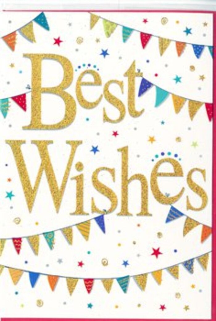 This congratulations card is like a snapshot of pure good news, expressed through clean lines and joyful colour. At its heart, the greeting Best Wishes is written in a broad, looping gold script that feels both elegant and friendly, the sort of lettering you can imagine tracing with your fingertips. The gold has a subtle, glittering finish that would catch even soft indoor light, making the message stand out against the bright white background. That white space keeps the design feeling airy and modern, similar to the wide, open walkways in Basildon's town centre. Framing the words are graceful curves of bunting-one arch above, another below-creating a visual cradle for the sentiment. Each tiny flag along the strings is beautifully distinct: some are saturated in vibrant red or cobalt blue, others glow in citrus tones of orange and yellow, and a few rest in refreshing shades of green. Many flags carry simple yet charming patterns: narrow stripes, scattered dots, or tiny mosaic-like shapes, suggesting a handcrafted touch reminiscent of decorations at a community event near Lake Meadows. Sprinkled lightly around these bunting lines, miniature stars and dots in complementary colours mimic the effect of celebratory confetti, giving the card a sense of motion and excitement as if something wonderful has just been announced. The overall impression is upbeat but never overwhelming-perfect for honouring a promotion, exam results, or a new chapter. As a florist choosing cards to accompany bouquets across Basildon, I'd see this design as a natural partner for bright, happy flowers, sending a clear message of pride, hope, and heartfelt support.