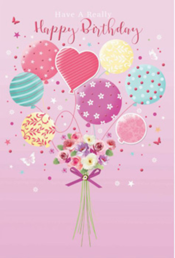 In this birthday design, flowers and balloons come together in a scene that feels as welcoming as a family gathering in Basildon. The background is a gentle, powdery pink, providing a calm canvas against which the colours sing. At the base sits a neatly arranged hand-tied bouquet, its stems gathered close and finished with a shimmering purple ribbon that looks silky and soft. The flowers are petite roses and daisy-like blooms, rendered in creamy ivory, blush rose, and muted mauve tones. Each petal is carefully shaded, with slightly darker centres that fade delicately towards lighter edges, giving the sense of blossoms just reaching full bloom, as if they've arrived fresh from a local grower before being arranged by a Basildon florist. Rising from this floral heart is a cluster of balloons that seems to carry the bouquet skyward. The balloons are plump and pastel, coloured in pale yellows, gentle pinks, mint greens, and lavender purples, their glossy surfaces reflecting gentle points of light. Every balloon offers a different pattern: some swirl with curved ribbons, others proudly display dots, while a few carry small floral and star motifs. Near the centre, a heart-shaped balloon stands out, adding a focus of warmth and affection perfect for a birthday greeting. Around the balloons, small butterflies and tiny stars drift, like delicate decorations swirling in the air at a celebration in one of Basildon's parks. The overall lighting in the image is soft yet bright enough to make each colour glow, creating a feeling of airy joy. This composition mirrors the thoughtful care that goes into planning a birthday bouquet for delivery across Basildon, capturing that moment when flowers, colour, and good wishes all come together.