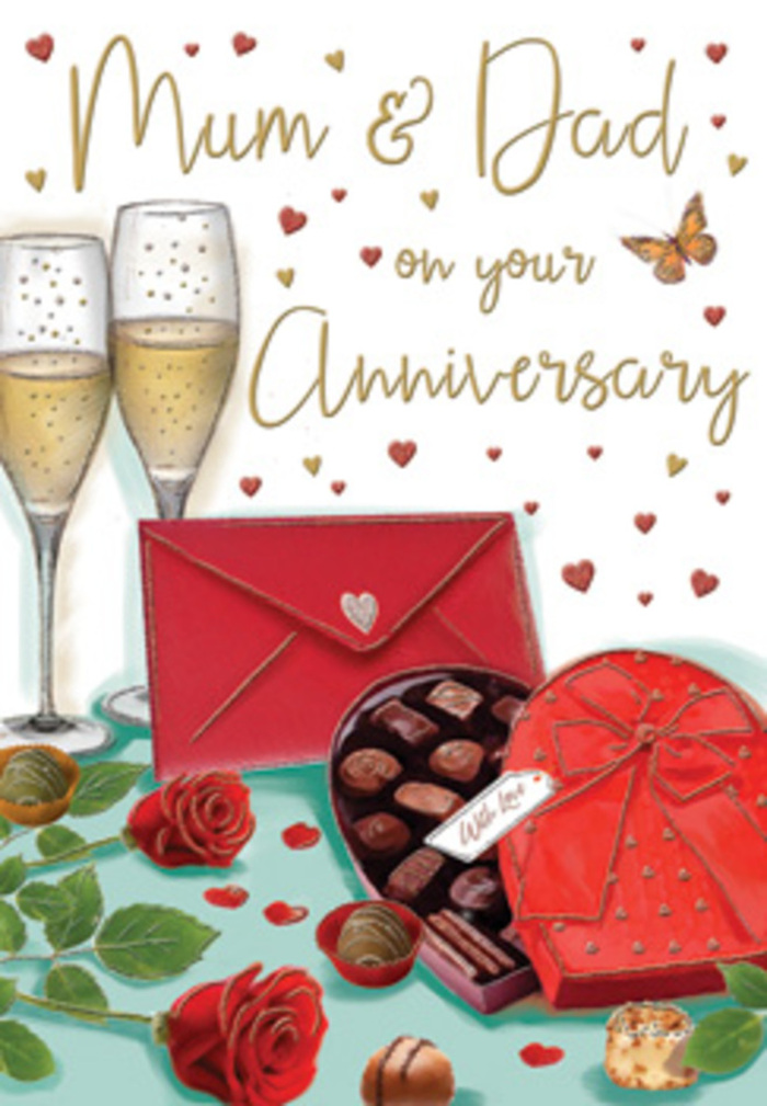 Detailed anniversary card illustration featuring an indulgent romantic setting, perfect for picturing a thoughtful celebration in a Basildon home. The main focus is a pair of tall champagne flutes placed close together, almost touching, symbolising a long-standing partnership. Their clear glass stems are slim and graceful, while the bowls gleam with pale golden champagne, tiny bubbles suspended as if caught mid-rise by the artist's brush. Resting at the base of the glasses are two lavish red roses, their petals deep and velvety, opening wide to display layers of crimson and ruby tones, complemented by rich green foliage that fans out naturally, like a hand-tied bouquet sourced from a local Basildon florist near the town centre. In the foreground, an open heart-shaped box of chocolates beckons, its smooth red surface curving softly, the lid hinged back to reveal neat rows of glossy truffles, with an elegant red satin bow cascading over the edge and onto the table. Nearby, a bright scarlet envelope lies sealed, slightly overlapping the box, hinting at a handwritten message for Mum & Dad, echoing the kind of heartfelt sentiments sent from families across Pitsea or Laindon. Around the central arrangement, tiny hearts in shades of crimson and gold drift gently, interwoven with hand-lettered anniversary greetings that add a playful, affectionate rhythm to the scene. The background glows with warm, amber tones, like soft evening light spilling through a Basildon living room window, casting subtle reflections on the glass and chocolates. Altogether, the composition conjures the scent of roses, the sweetness of chocolate, and the emotional warmth of an anniversary shared by parents cherished by their family.
