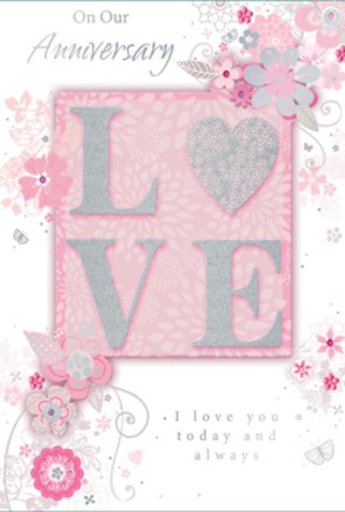 Opening this anniversary card is a little like stepping into a bright, welcoming room in Basildon where love is celebrated in everyday gestures: a shared cup of tea, a familiar walk through Northlands Park, a quiet evening together. The centre of the card features the word LOVE, each letter outlined in an elegant, frosted glitter that catches the light in a soft, almost pearly way. The lettering is raised just enough that you can run your finger over it, feeling the gentle texture as you might trace the curve of a rose petal. Along the borders, wispy, hand-drawn blooms and fine sprays of foliage drift gracefully in shades of blush pink, lilac, and creamy ivory. These floral motifs feel airy and weightless, like the sketch a florist might create before arranging a romantic bouquet, each blossom given room to breathe. Interlaced with the flowers are slender filigree lines, tiny leaves, and almost-hidden butterflies that appear only on closer inspection, suggesting the flutter of hearts on an anniversary morning. The background is a soft, muted pink that supports the intricate linework without overwhelming it, giving the card a sense of harmony and balance similar to a well-composed floral design. Resting within this artwork is the tender message, I love you today and always, written in graceful, understated type that feels truly heartfelt. Overall, the card has the effect of a hand-tied bouquet translated into paper-thoughtfully composed, quietly fragrant in spirit, and filled with gratitude for the shared years behind and the hopeful days still to come.