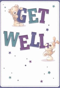 A comforting scene unfolds within this get well card, capturing the inviting tone of Basildon's vibrant neighbourhoods. Central to the image, a soft teddy bear and an eager puppy infuse the composition with affectionate energy, each entwined with the exuberant 'Get Well' lettering displayed in hues that call to mind the colourful fountains at Festival Leisure Park. The deep purples and cool teals lend the text a lively contrast, making it leap joyfully against a clean white backdrop. Sprinkled across the scene, playful stars in varying shades of blue and violet add a touch of fanciful hope, like little wishes floating above Gloucester Park on a sunny afternoon. Every brushstroke highlights the warmth and comfort of the bear's fluffy coat and the puppy's velvety ears-details that suggest the same nurturing touch found in a thoughtfully crafted bouquet. The soft lighting evokes both purity and reassurance, qualities cherished by Basildon residents offering support to loved ones. Every element seems placed with intention, echoing the care of Flower Delivery Basildon when arranging blooms to brighten difficult days. This card offers more than words; it conveys genuine encouragement, an embrace in paper form, and an uplifting reminder of the togetherness that defines our corner of Essex.