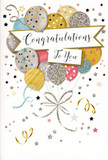 Shown here is a beautifully detailed congratulations card that captures the spirit of a joyous moment, much like receiving a surprise bouquet from Flower Delivery Basildon. At the centre of the design is a playful yet sophisticated cluster of illustrated balloons, floating as a tight bouquet in layered shades of champagne gold, polished silver, sky blue, soft pink, and gentle grey. The balloons overlap in a way that suggests depth and fullness, with each one adorned in its own subtle decoration-twinkling star patterns, fine glittered stripes, or scattered speckles that give the impression of shimmery, tactile ink. From the bottom of the cluster, slim metallic ribbons unwind in curling strands of gold and silver, tumbling downwards as if drifting on a gentle breeze sweeping across Gloucester Park. A flowing banner stretches across the middle of the balloons, bearing the words Congratulations To You in graceful, calligraphic lettering that feels both celebratory and sincere. All around this focal arrangement, tiny stars, confetti dots, and swirling ribbon motifs are scattered over a smooth, pale background, evoking the look of confetti suspended in the air after a round of applause. The mood is one of polished festivity-luminous and cheerful without being overly bright-ideal for marking graduations, promotions, new homes, or any proud achievement in and around Basildon. This is the kind of card that would sit beautifully beside a vase of fresh blooms, capturing the memory of the occasion long after the flowers have faded.
