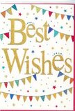This Best Wishes card radiates easy-going joy, the kind that fits everything from a new job celebration to warm encouragement for fresh beginnings in Basildon. Dominating the centre, the phrase Best Wishes is rendered in sweeping, metallic gold script, each stroke slightly embossed so it appears gently raised against the page. The lettering glows against a pure white background, lending the design a light, uncluttered feel that keeps the focus firmly on the message. Curved rows of bunting float above and below the words, as if strung between lampposts for a neighbourhood celebration near Gloucester Park. Every tiny triangular pennant is its own flash of colour: deep blues and reds sit alongside bright yellow, lush green, and playful orange, some patterned with neat stripes, others with dots or small geometric shapes. Between the bunting lines, scattered stars and round confetti-like dots drift across the white space in coordinating colours, as though frozen mid-air at the peak of a celebration. There are no heavy shadows or complex backgrounds-just crisp lines, luminous gold, and vivid, cheerful tones. The mood is upbeat, welcoming, and delightfully versatile, suitable for congratulating someone on exam success, a new baby, or moving into a home around SS13 or SS15. From a florist's perspective, this is the kind of card that sits beautifully alongside a bright hand-tied bouquet, its gold script and playful bunting reflecting the same sense of optimism and shared happiness that fresh flowers bring when delivered across Basildon and the surrounding areas.