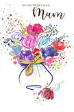 This illustrated Mother's Day card portrays a joyful burst of flowers painted in watercolour, the kind of bouquet you might imagine being arranged in a Basildon florist's studio before heading out for delivery. The central flowers are lush and generous, rendered in vibrant cerise, magenta, and deep pink, with touches of purple and indigo that accentuate the curves and folds of each petal. These bold hues are softened by surrounding blossoms in calming lavender, soft blue, and gently glowing apricot, giving the whole composition a balanced, harmonious feel, much like a thoughtfully arranged vase on a table in a Basildon family home. Fine lines of gold highlight select petals and hints of foliage, catching virtual light and lending an elegant shimmer that never distracts from the colours themselves. All of this colour and detail floats on a bright white background, animated by playful splashes of paint and little hearts that appear to dance around the bouquet, echoing the happiness and gratitude of Mother's Day celebrations in the local community. The flowers gather in a simple vase, lightly suggested with transparent washes of colour that make it appear smooth and gently rounded, finished with a classic golden bow tied neatly at the front. That bow suggests the final flourish a florist adds before a bouquet leaves the shop, destined for homes across Basildon and nearby areas. As a whole, the image feels affectionate and sincere, offering a painted expression of love and thanks that a mum can treasure long after the day itself has passed.