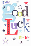 A bold, cheerful good luck card is shown laid flat against a clean white surface, its design bursting with colour and optimism like a little celebration you might tuck alongside a fresh bouquet delivered in Basildon. The words Good Luck stretch across the front in oversized letters, each character in a different playful font and colour: a wide, pastel-blue g that feels friendly and open, rich cherry reds that add energy, mossy greens that ground the design, and deep violets and navy blues that echo a clear Essex night sky. Around the lettering, a flurry of stars scatters in every direction, some solid and inky, others soft lavender, sky-blue, or lemon-lime, fading gently as if drifting away on a breeze over Northlands Park. The crisp white background allows every shade to breathe, creating a modern, uncluttered layout that still feels warm and heartfelt. You can almost sense the smooth, high-quality cardstock under your fingertips, firm yet silky, ready to carry a handwritten message of support for an exam, driving test, or first day in a new job in Basildon town centre. The overall mood is one of lively encouragement and promise, like a friend's voice cheering from the sidelines, and the card looks perfectly at home beside a vibrant, hand-tied bunch from a local florist, turning a simple good-luck wish into a keepsake moment.