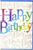 A colourful birthday card stands upright in the image, radiating the lively energy of a Basildon birthday party. The centre of the card is dominated by the words Happy Birthday, printed in big, rounded letters that ripple through a full rainbow of colour. Starting with bold crimson, the hues drift into juicy orange and glowing yellow, then soften into leafy green, turquoise, and sapphire, finally reaching hints of violet at the edges, much like festive bunting strung across a celebration in a home near Pitsea. These colourful letters are set against a gently warm, cream background. Over this background, an elegant line of gold script repeats the phrase Happy Birthday to you again and again, the writing curling in graceful loops behind the main message like the soft echo of the birthday song. The gold ink has a light metallic sheen, so that when the card tilts, it catches the light in tiny flickers, similar to candle flames reflected on glass. Around the main wording, there are delicate flecks of shimmer and subtle dotted accents, giving a suggestion of confetti and sparkling air. The card appears to be printed on sturdy, smooth stock with a satin finish, and the central letters look slightly raised to the touch, adding a sense of quality and care. The overall feeling is one of joyful celebration-modern, bright, and welcoming. It looks like exactly the kind of card you'd send alongside a fresh, colourful bouquet delivered across Basildon to make someone's special day feel truly remembered and cherished.
