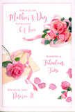This image features a beautifully styled Mother's Day card, where the artwork centres on a romantic arrangement of pink roses, evoking the feel of a fresh bouquet from Flower Delivery Basildon. A cluster of fully opened roses sits prominently across the card, their petals layered in soft, swirling shapes that move from nearly white blush at the outer edges to richer shades of pink within. The blooms are depicted with careful shading and detail, giving them a plush, velvety appearance, as if they could have been freshly cut from a garden near Northlands Park. Scattered loosely around the main grouping, individual petals rest in a casual pattern on the pale background, adding texture and a sense of gentle motion, like the quiet fall of petals from a vase on a living-room table. A slender, pastel ribbon curves through the arrangement, its satin-like sheen catching the soft light and adding an elegant, celebratory touch similar to the finishing bow on a bouquet ready for same-day delivery around Basildon. Above and alongside this floral centrepiece, a loving Mother's Day greeting is written in smooth, flowing cursive, the letters slightly varied in thickness, lending the impression of a personal handwritten note. The scene is bathed in gentle, diffused light, which enhances the warmth of the pink tones and keeps the overall mood calm and affectionate. Together, the roses, petals, ribbon, and script create a tender tribute that feels both intimate and special, perfectly suited to accompany real flowers sent to honour a mum in Basildon.