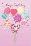 This illustrated birthday scene feels like a moment of pure happiness gently rising above Basildon's rooftops. A blush-pink background wraps the composition in warmth, allowing the pastel colours to glow. At the bottom, a charming hand-tied bouquet forms the anchor of the design. It features small roses and anemone-like blossoms nestled together in creamy white, blush, and soft mauve. Their petals appear richly textured and velvety, layered in soft folds that suggest they were freshly chosen by a careful florist. The stems are drawn tightly together and finished with a violet satin bow that catches the light with a subtle shine, echoing the ribbons often used to complete real birthday arrangements in Basildon. Rising gracefully from the bouquet, a lively spray of balloons floats upward. Each balloon is full and rounded, rendered in gentle shades of rose pink, cool teal, pale lemon, and lavender. Some balloons wear candy-striped ribbons, others are sprinkled with playful polka dots, and a few are decorated with tiny floral swirls. A heart-shaped balloon near the centre quietly radiates affection, making the whole design feel all the more personal. Tiny stars and butterflies drift around the balloons, as if carried on a light breeze, lending a touch of fairy-tale magic. Soft highlights along the curves of the balloons and the edges of the petals create a feeling of depth and movement, as if you're watching them slowly lift skyward. The overall effect is of a birthday greeting full of gentle excitement and sweetness, perfectly suited to accompany a floral delivery anywhere across Basildon, from the town centre to peaceful residential streets.