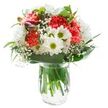 This bouquet radiates a lively, uplifting energy reminiscent of a breezy Basildon morning-a perfect ensemble for sharing joy or comfort with someone special. Coral-pink carnations, lush and full of personality, anchor the design, their textured petals unfurling like little festivals of colour. Full white chrysanthemums give the arrangement a balanced, stately appeal, while vibrant white daisies with luminous green centres are scattered throughout, each one a tiny reminder of the wildflowers found along Basildon's trails. Airy baby's breath winds between the larger blossoms, adding dream-like softness and a lightness to the overall silhouette. In one corner, a couple of closed magenta alstroemeria buds lend depth and anticipation, suggesting that there's more beauty yet to unfold. All is cradled in a frame of deep green glossy and matte leaves, bringing a lush, garden-fresh finish reminiscent of local floral markets. The bouquet's sturdy stems are magnified in a clear glass vase, water glimmering beneath, setting off the radiant colours. Crafted for special Basildon moments-be it a birthday, thank you, or thoughtful pick-me-up-this floral arrangement offers a heartening splash of colour and natural elegance, as if sunlight were woven into every bloom.