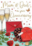 Romantic anniversary card design that paints a cosy celebration for parents in Basildon, using a rich palette of crimson, gold, and warm cream. At the centre, two elegant champagne flutes stand in close harmony, their tall stems and gently curved bowls rendered in clear, gleaming lines. Inside, pale golden champagne catches the light, tiny bubbles hovering as though paused just before a joyful toast. Nestled nearby are two sumptuous red roses, fully open and velvety, each petal carefully shaded from deep ruby at the heart to brighter crimson at the edges, framed by glossy dark green leaves that recall a freshly arranged bouquet from a trusted Basildon florist. In the foreground, an open heart-shaped box of chocolates rests invitingly, its vivid red lid propped back to reveal rows of rounded truffles, while an extravagant satin bow spills over the edge of the box, hinting at indulgence and sharing. A scarlet envelope, neatly sealed and set at a gentle angle, suggests a private, affectionate message addressed to Mum & Dad, much like the cards exchanged by families in areas such as Kingswood or Vange. Floating around the composition are delicate crimson and golden hearts, along with flowing hand-lettered anniversary wishes, which give the scene a sense of movement and playfulness. The softly glowing background suggests warm indoor lighting, throwing subtle highlights across the glass, petals, and chocolates. Altogether, the image captures the sweetness, romance, and deep appreciation that surround a parents' anniversary, evoking the feeling of sitting together at a beautifully prepared table, ready to celebrate years of shared life and love.